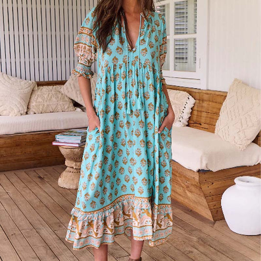 🌸REDUCERE LIMITATĂ DE 50%👗Boho florale V gât talie înaltă A-Line Swing rochie