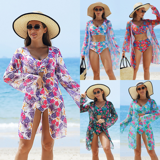 🏖️ Set costum de baie multicolor pentru femei – 3 piese🌈