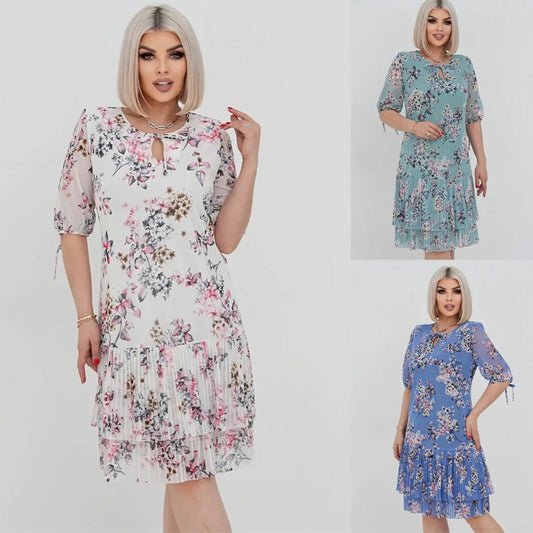 🎉 Super ofertă de vară!👗 Rochie elegantă plisată cu mânecă scurtă și lungă