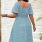 Plus Size ☘️Rochie cu imprimeu floral, cu deschizătură și mânecă scurtă