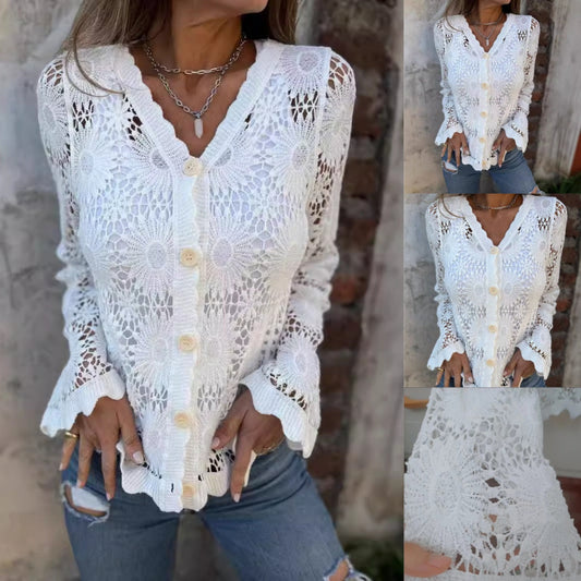 🏖️ Promoții de vară 🌴 Bluză elegantă cu dantelă, decolteu în V și mâneci lungi pentru femei