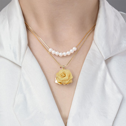 💕 Nouă colecție! 💕 Colier dublu stratificat cu trandafir 3D și perle (Set 2 piese)