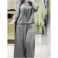 Set casual pentru femei – top cu mânecă trei sferturi și pantaloni largi cu nasturi