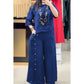 Set casual pentru femei – top cu mânecă trei sferturi și pantaloni largi cu nasturi