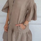 ⏳ Ofertă specială limitată în timp ⏰ Rochie cămașă casual din bumbac și in, cu volane și decolteu în V – pentru femei