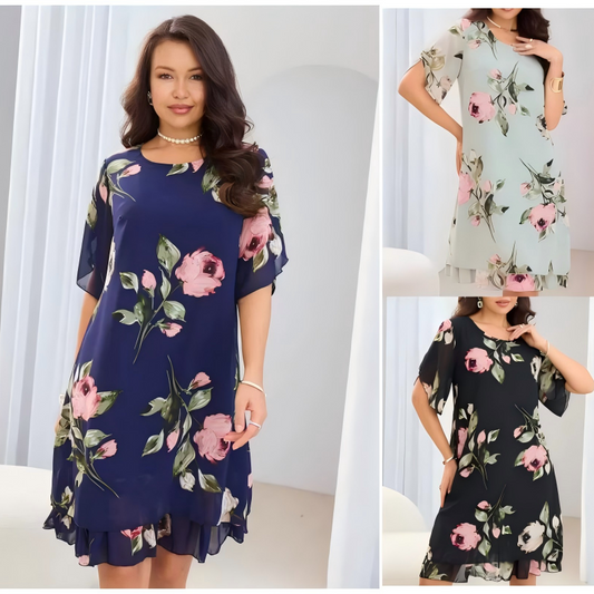Rochie cu gât rotund și imprimeu floral