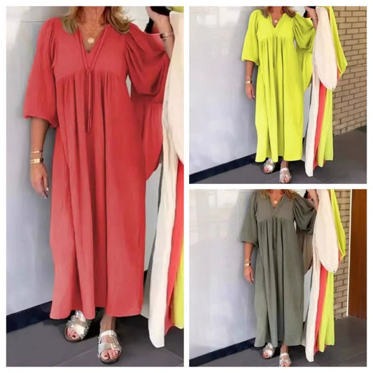 Rochie maxi cu bule și mâneci 3/4 cu decolteu în V