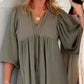 Rochie maxi cu bule și mâneci 3/4 cu decolteu în V