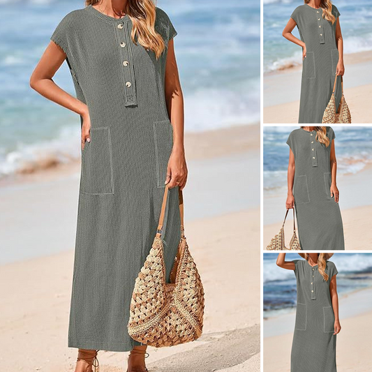 Rochie maxi Henley din tricot cu nervuri pentru femei