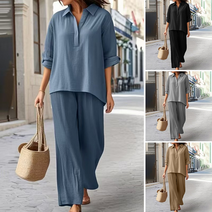 Set din cămașă și pantaloni lejeri, din bumbac și in, culoare uni
