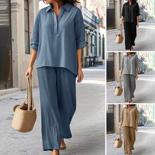 Set din cămașă și pantaloni lejeri, din bumbac și in, culoare uni