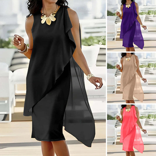 Rochie elegantă fără mâneci din plasă asimetrică