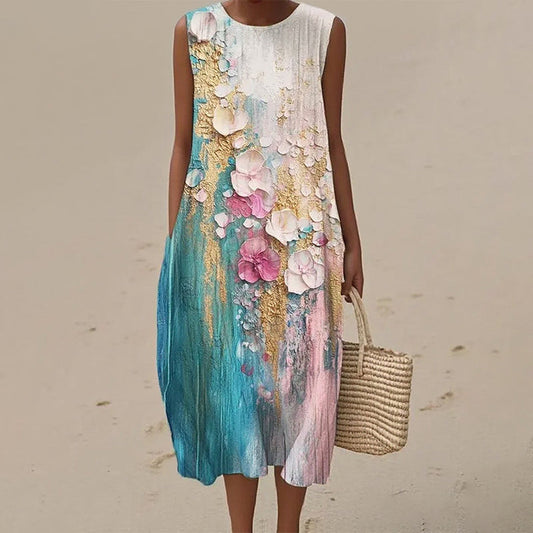 Rochie midi fără mâneci cu imprimeu floral 3D pentru femei