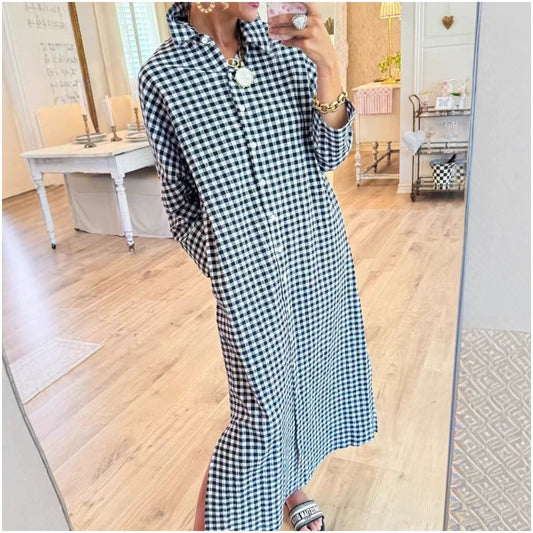 Rochie-cămașă lungă cu croială lejeră, în carouri, pentru femei