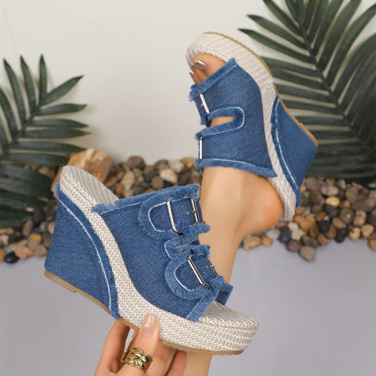 💎 💎 Sandale de damă din denim cu platformă glisantă - talpă anti-alunecare și cataramă reglabilă 👟💙