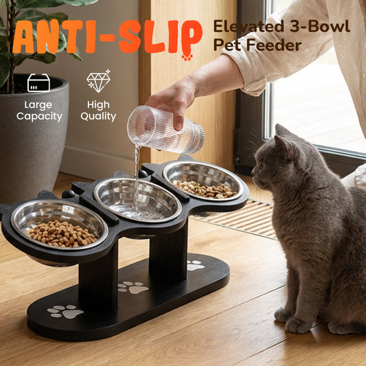🐾Casc ridicat pentru pisici și câini cu trei boluri - antiderapant și stabil🥣🍽️✨