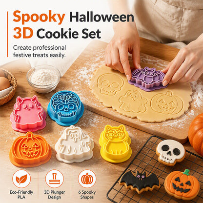 💀🎃 Halloween mini 3D süteménykivágó készlet | Egynyomásos koponya-, szellem- és tök-dombornyomó formák
